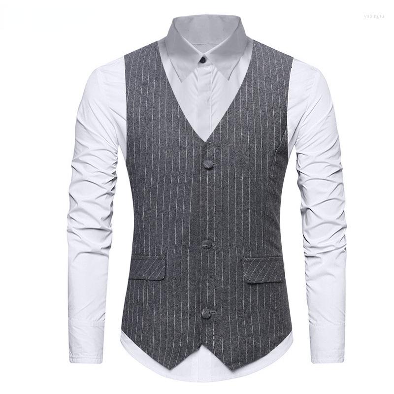 

Men's Vests Mens Gray Pin Stripe Vest 2022 Slim Fit V Neck Sleeveless Suit Men British Formal Business