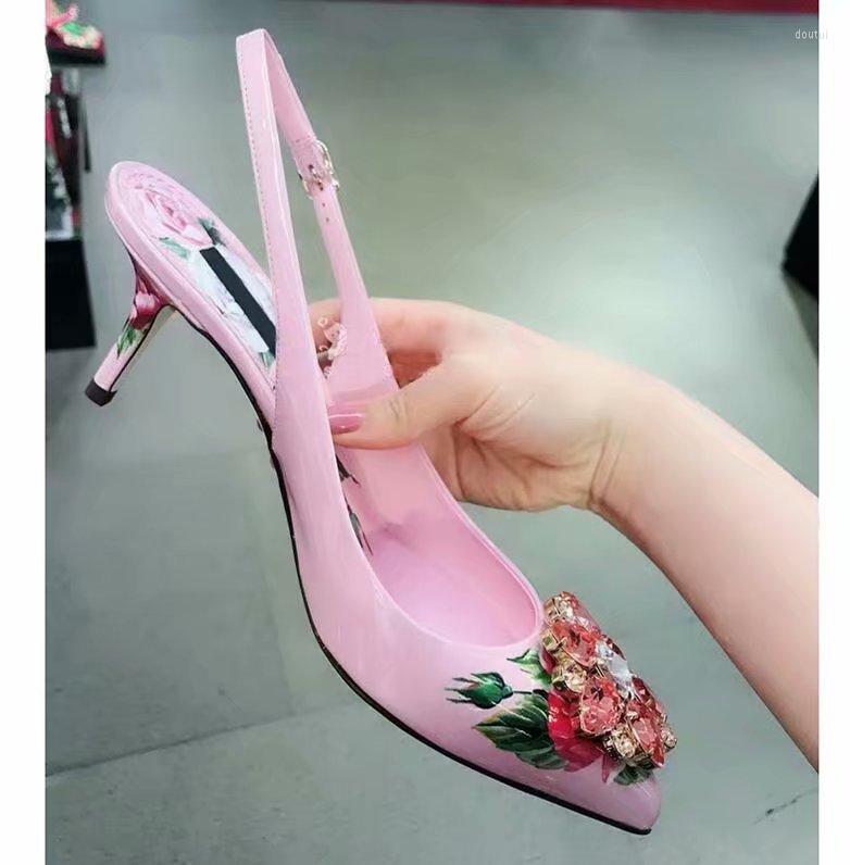 

Dress Shoes Pink Women High Heels Diamond Slingback Pumps Bling Rhinestone Floral Print Wedding Zapatos De Mujer, 6cm