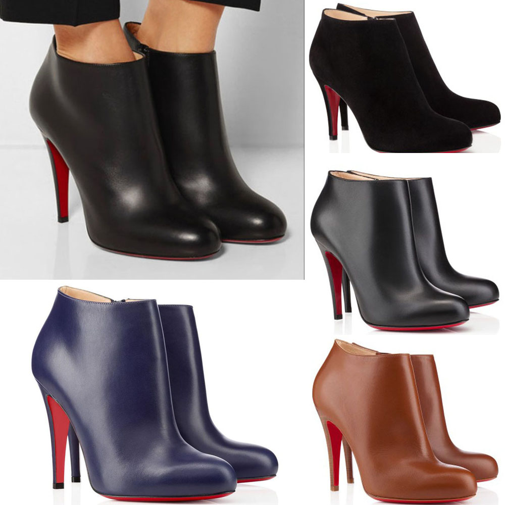

Winter Fashion Women ankles boot high top heels pump 100mm heel brands Ankle Boots Black calfskin leather with zipper side Lady Booties woman High-Heels