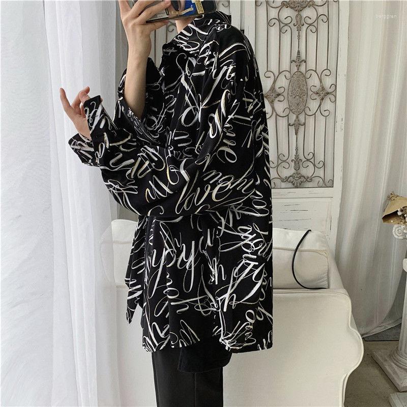 

Men's Casual Shirts Trendy Long-Sleeved Shirt Men's Students Korean Loose Autumn Winter Harajuku Bf Hong Kong Printed Tops Clothes, 094121 black
