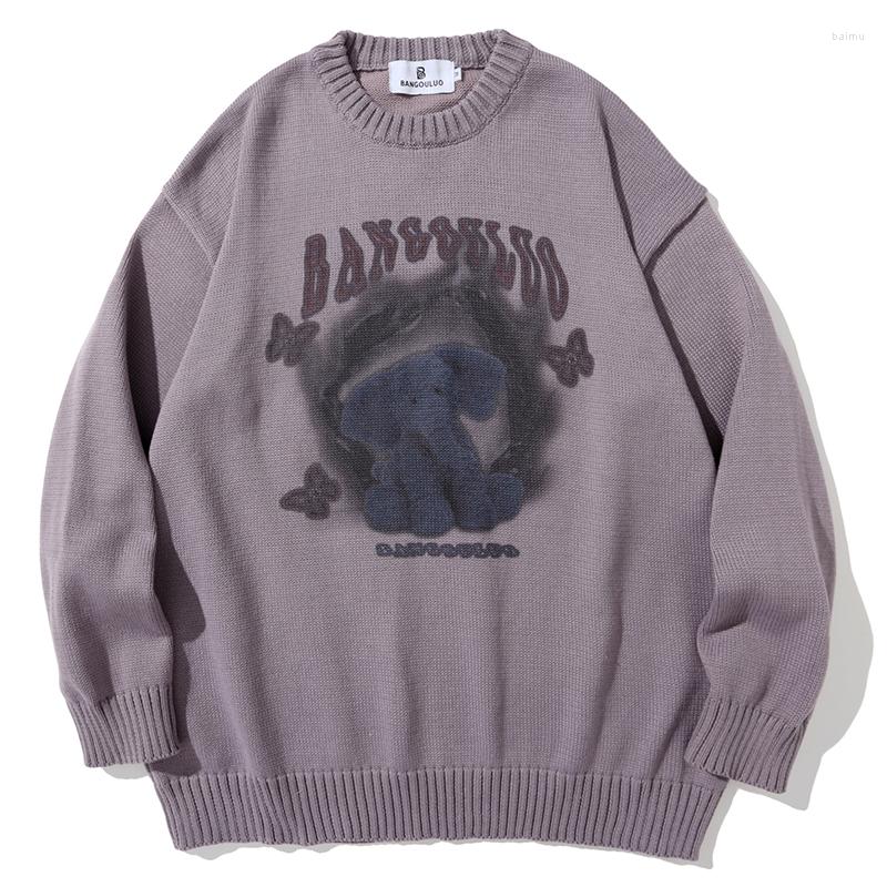 

Men's Sweaters Autumn Knitted Sweatercoat Men Little Elephant Printed Jumpers Fashion Street O-Neck Loose Pullover Clothing Tops Male 2022, White
