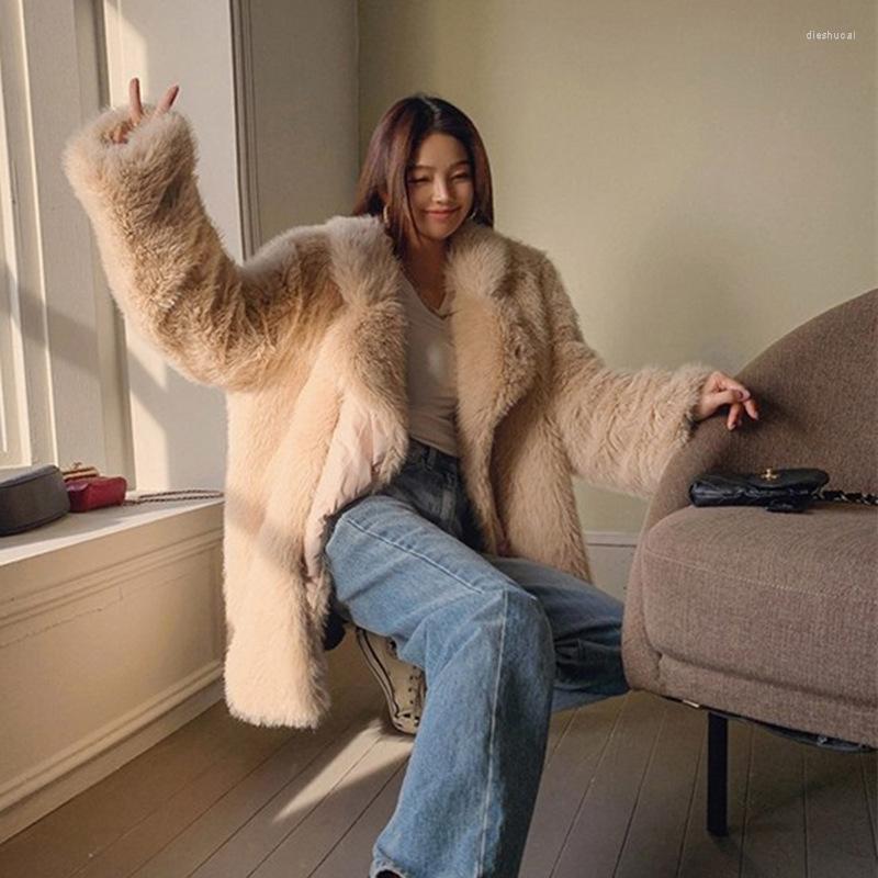 

Women' Fur Fluffy Women Winter Warm Faux Coat Thick Middle -Long Overcoat Turn Down Collar Female Casaco Feminino, Khaki