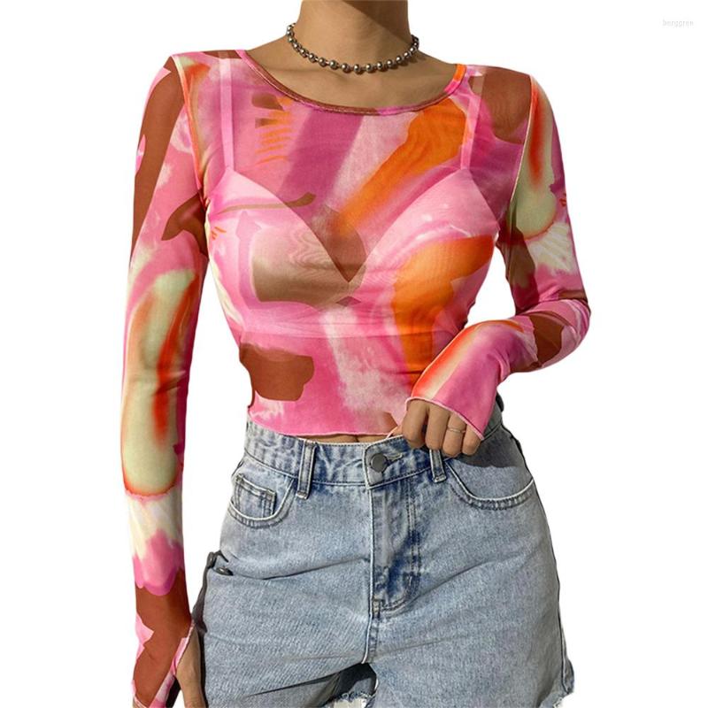 

Women' Blouses Women Mesh Printing Slim Long-sleeved Tops Abstract Navel Round Neck Tee Shirts Fashipn See-through, Pink