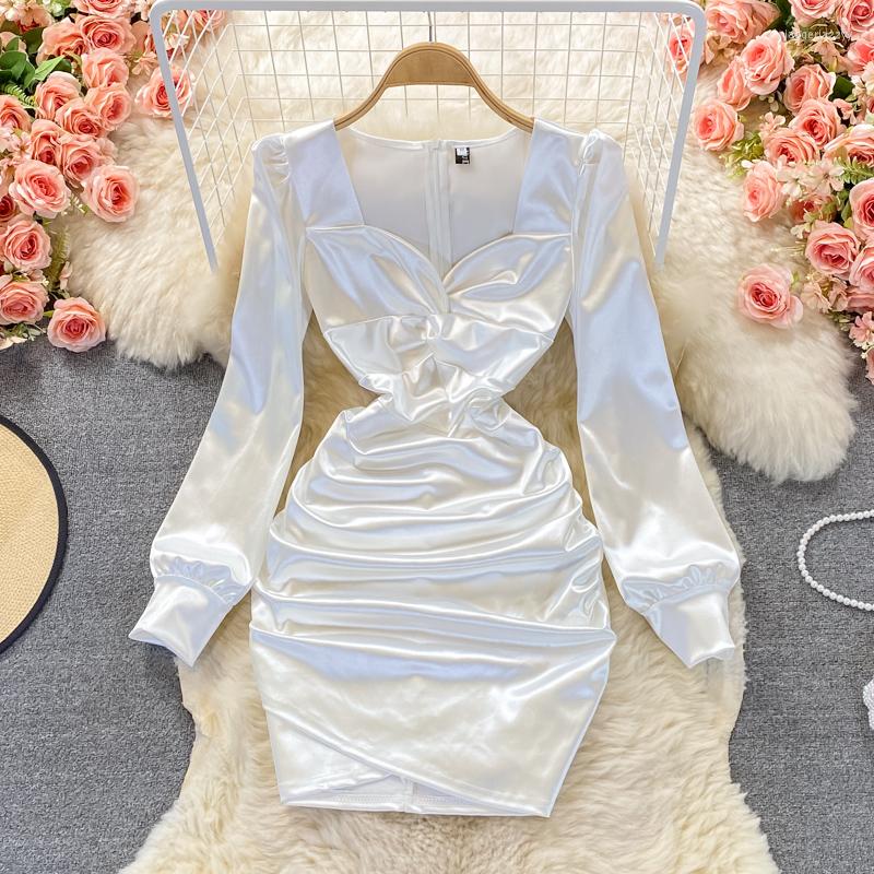 

Casual Dresses Autumn Women Black/White Draped Satin Sexy Square Collar Long Sleeve High Waist Party Robe Female Elegant Bodycon Dress