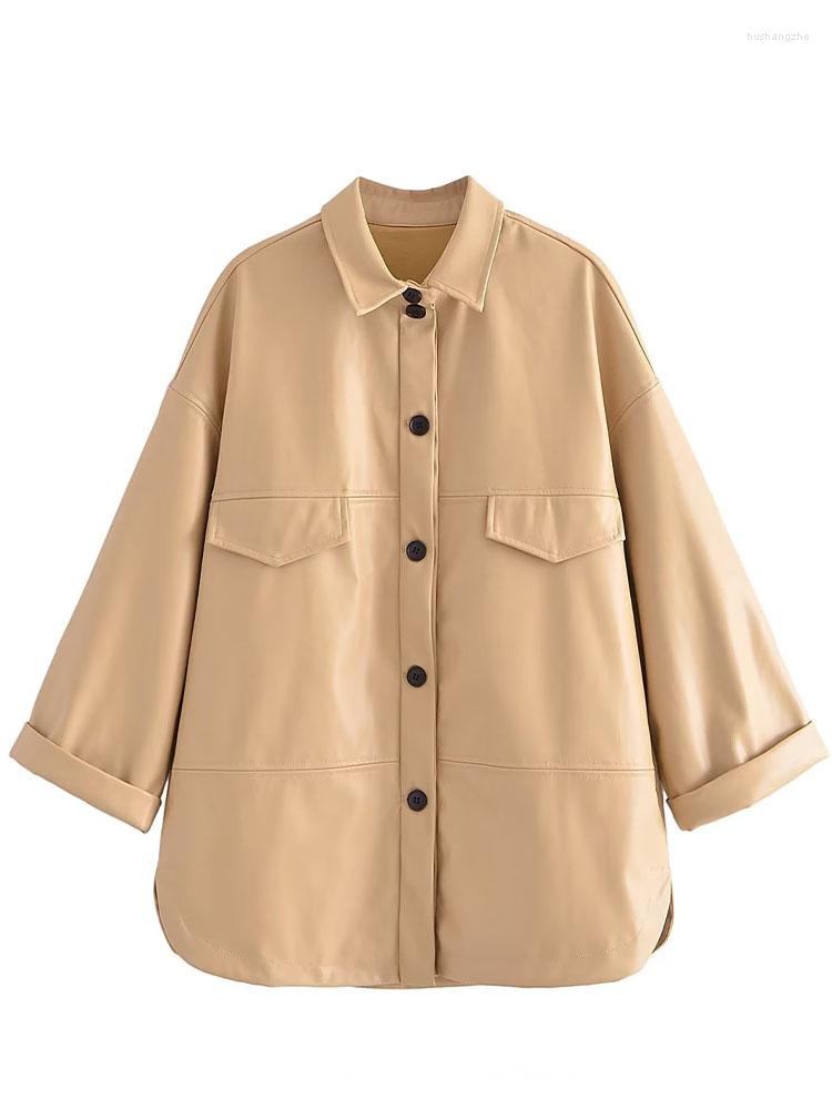 

Women's Leather Women 2022 Autumn Fashion Faux Shirt Coat Vintage Long Sleeve Button-up Female Outerwear Chic Overshirt, Khaki