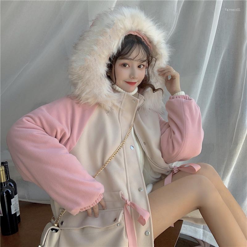 

Women's Trench Coats Winter Preppy Japanese Soft Girly Coat Sweet Bandage Bow Pocket Cute Fur Collar Hooded Kawaii Keep Warm Pink Cotton