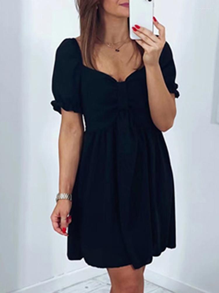 

Casual Dresses Playful Girls Summer V Neck Party Chic Short Sleeve Solid Loose A-Line Dress 2022 Women Fashion Waist Hem Mini DressCasual, 02 black