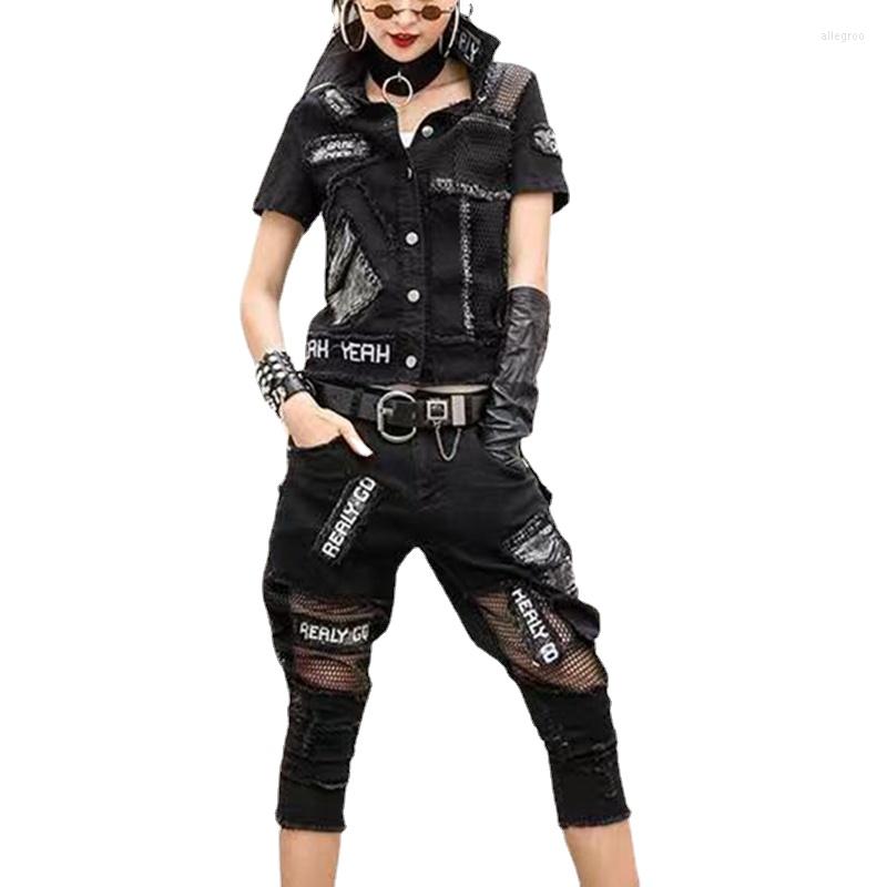 

Women's Two Piece Pants 3XL Women's Denim Tracksuit Sets Jean Jackets And Harem Short Sleeve Suits 2022 Summer Female Outfits XC210, Black