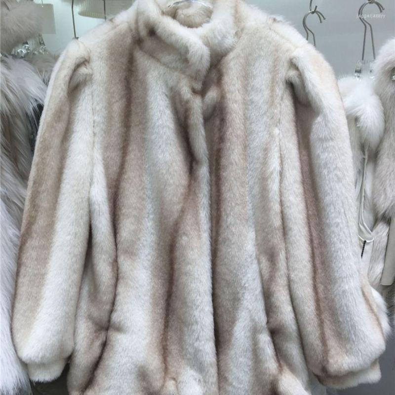 

Women' Fur Winter 2022 Faux Coat For Women Warm Stand Collar Striped Fake Mink Jacket Elegant Mid-length Furry Outerwear, Picture