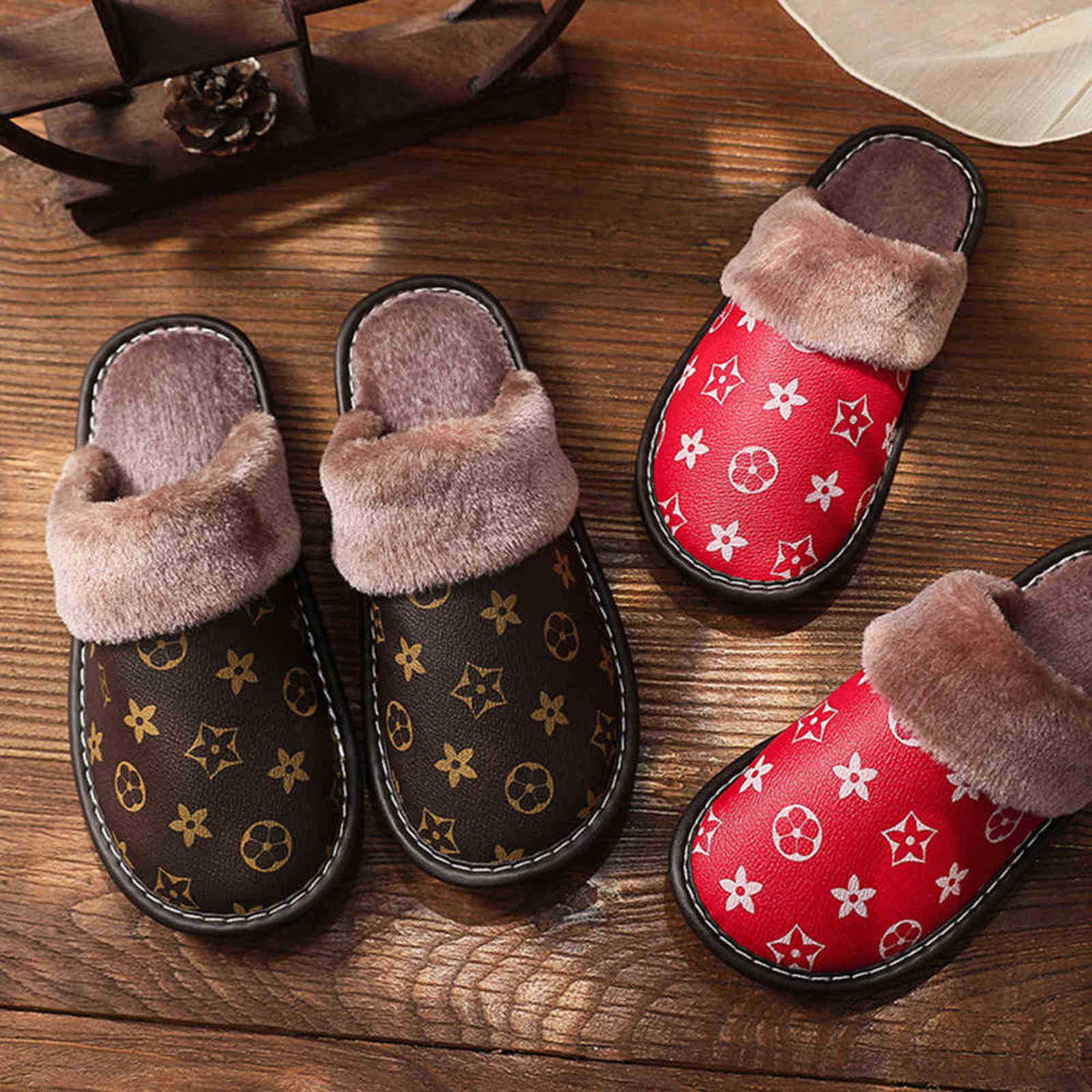 

Unisex PU Leather Slippers Printed Plush Cotton Slipper Women Indoor House Shoes Flat Cozy Home Slippers Winter Warm Flip Flops H1115, Red