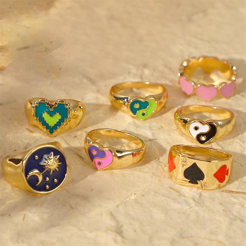 

Cluster Rings Y2K Jewelry Gold-plated Moon Sun Heart Yin Yang Ring For Women Vintage Punk Fashion Poker Charms 90s Aesthetic274U