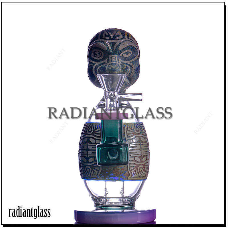 

7.3 Inches Hookahs Small Bong Carved Face Head Dab Rig Thick Glass Smoking Water Pipes Craft Style with Percolator And Glass Bowl
