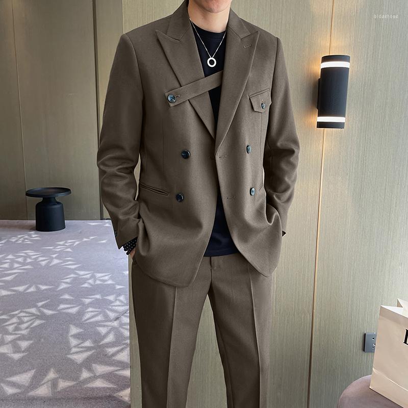 

Men's Suits Men Fashion Business Casual Double Breasted Slim Fit Blazer Pant Male Vintage Wedding Dress Coat Trousers, Brown pant