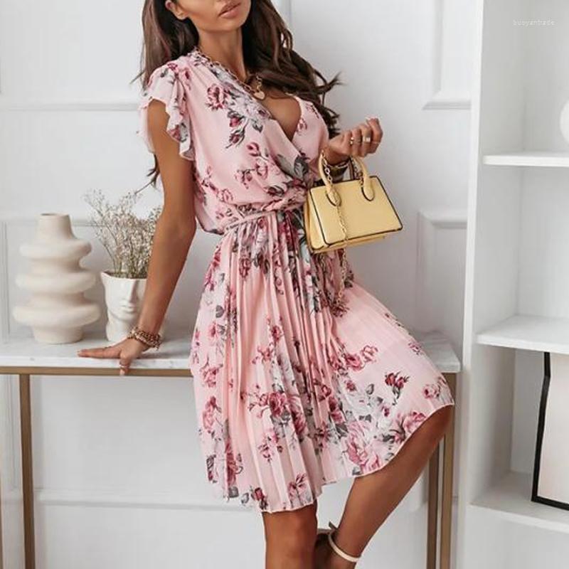 

Casual Dresses Elegant Short Sleeve Ruffle V-Neck Mini Dress Ladies Boho Loose With Belt DressWomen Floral Print Pleated 2022Casual