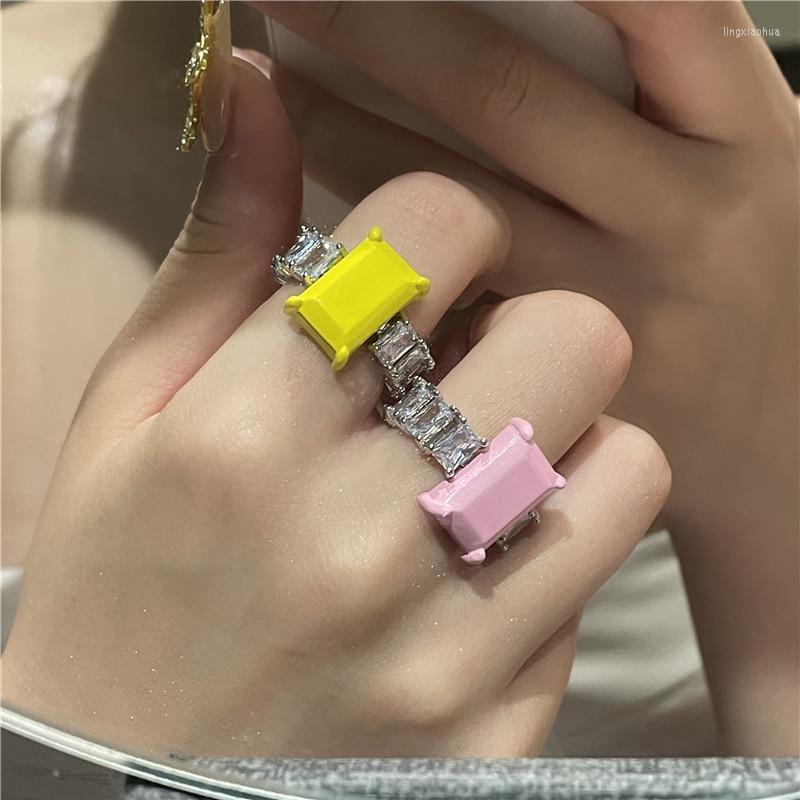 

Cluster Rings Trendy Square Candy Color Paint Zircon Rhinestone Geometry Enamel Drop Glaze Ring For Women Girls Jewelry Gifts