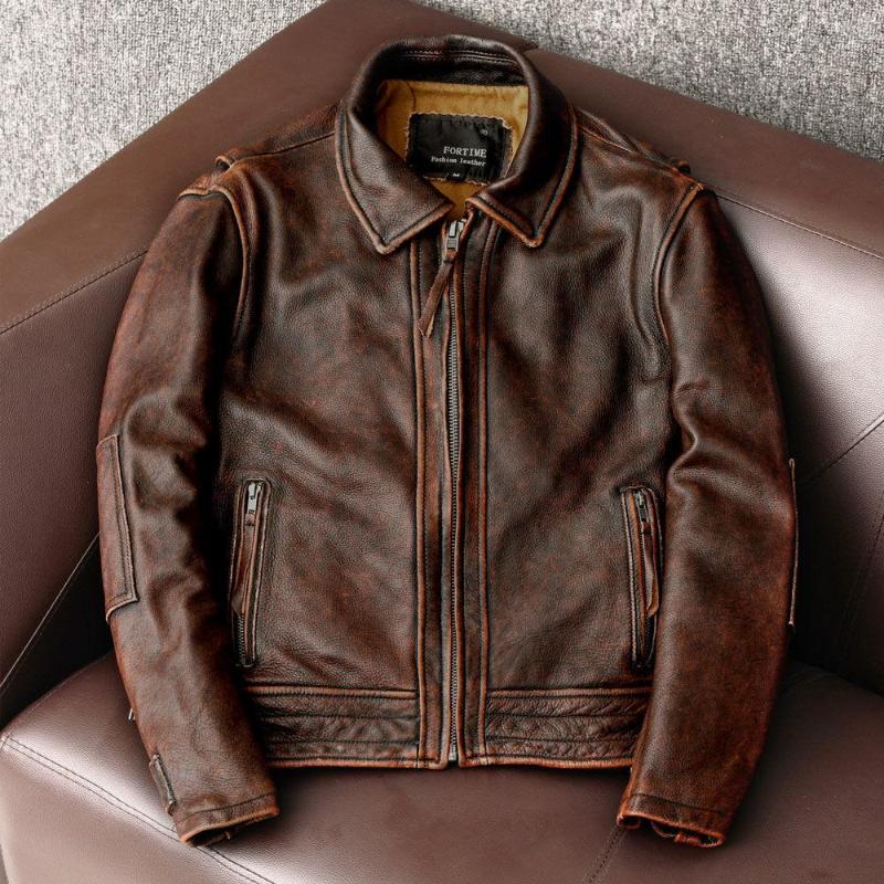 

Men' Leather Autumn Winter Men Fashion Real Men' Jackets Motor Biker Coats Genuine Cow Brown, Distressed brown