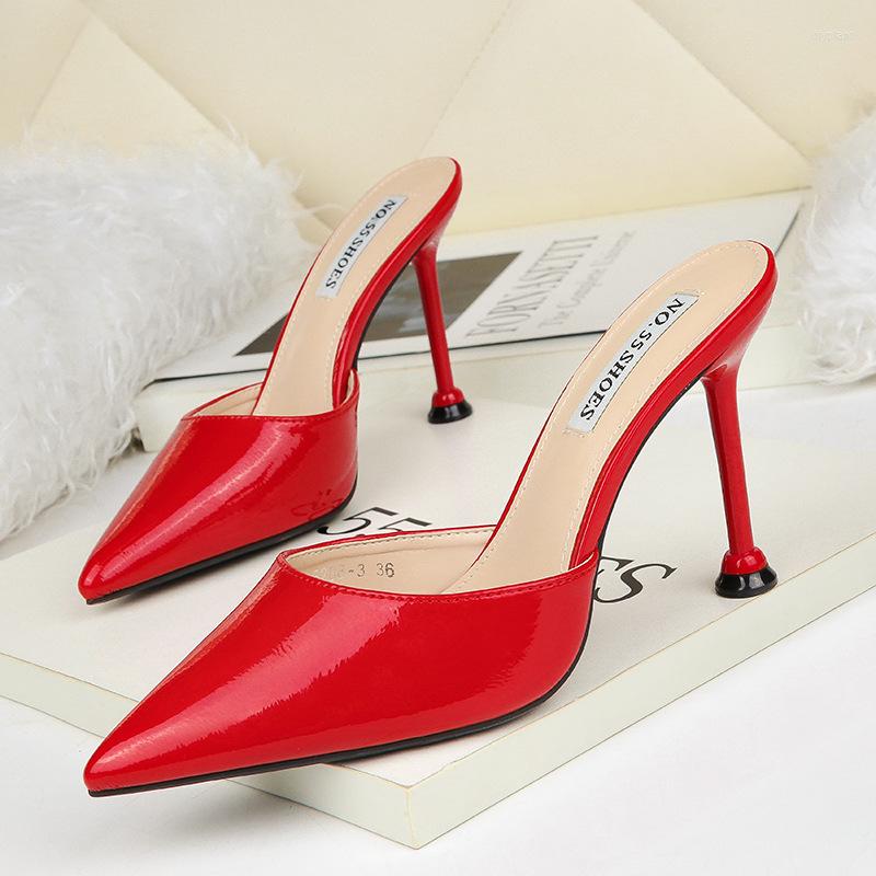 

Dress Shoes Meriahzheng 2022 Summer Sexy Pointed Shallow Mouth High Heels Solid Color Stiletto Patent Leather Sandals Casual Wear LSJ, Black