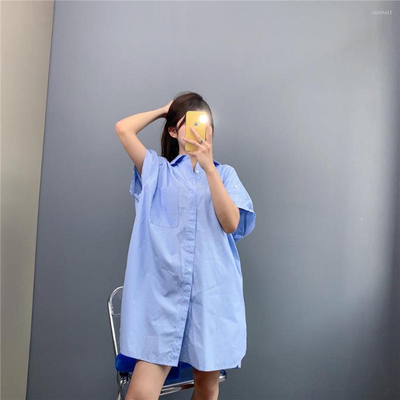 

Men's Casual Shirts Korean Version Of ADER ERROR High-quality Oversized Striped Shirt Women's Loose Niche Medium-length Short-sleeved, Blue