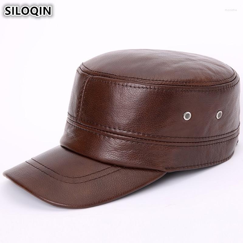 

Berets SILOQIN Adjustable Size Men's Army Military Hats With Ears Genuine Leather Flat Caps For Men Winter Cowhide Earmuffs Cap, Brown