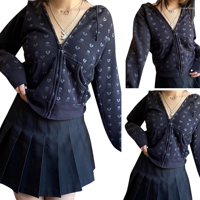 

Women' Jackets Hirigin Fashion Women Loose Style Hooded Jacket Black Skull And Heart Printed Pattern Zipper Closure Coat With Pockets Wrap