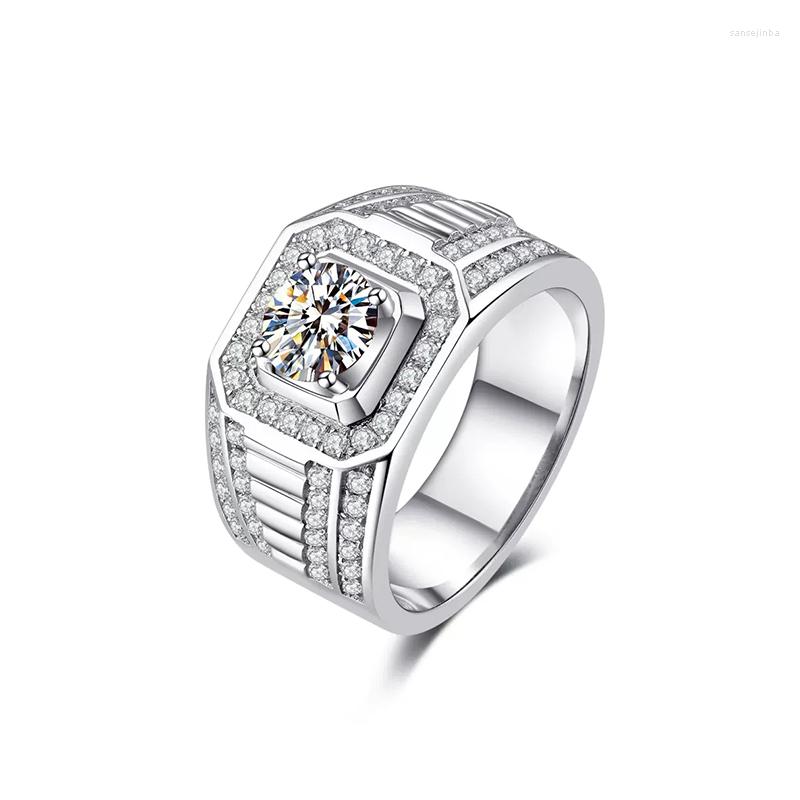 

Cluster Rings LESF 925 Sterling Silver Plating Platinum Color Full 1 Moissanite Diamond Ring Men Wedding Jewelry