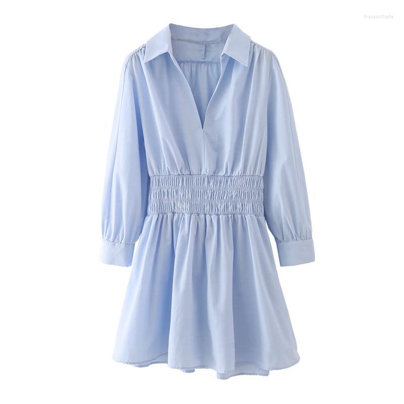 

Casual Dresses Women Fashion Summer 2022 V-neck Solid Color Slim Stretch Waist Long Sleeve Short Dress StreetwearCasual, Picture shown