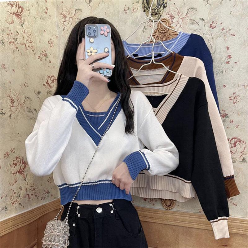 

Women's Sweaters Women's Women Knitted Patchwork V-neck Pullovers Spring Long Sleeve Loose White Korean Cropped Tops XL, Black