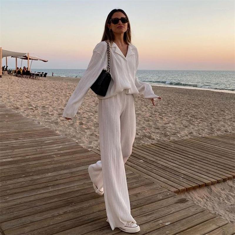 

Women' Two Piece Pants 2022 Spring Fashion Pleated Design Shirt Suit Straight Trousers Loose Drape Two-piece Set For Women, Black