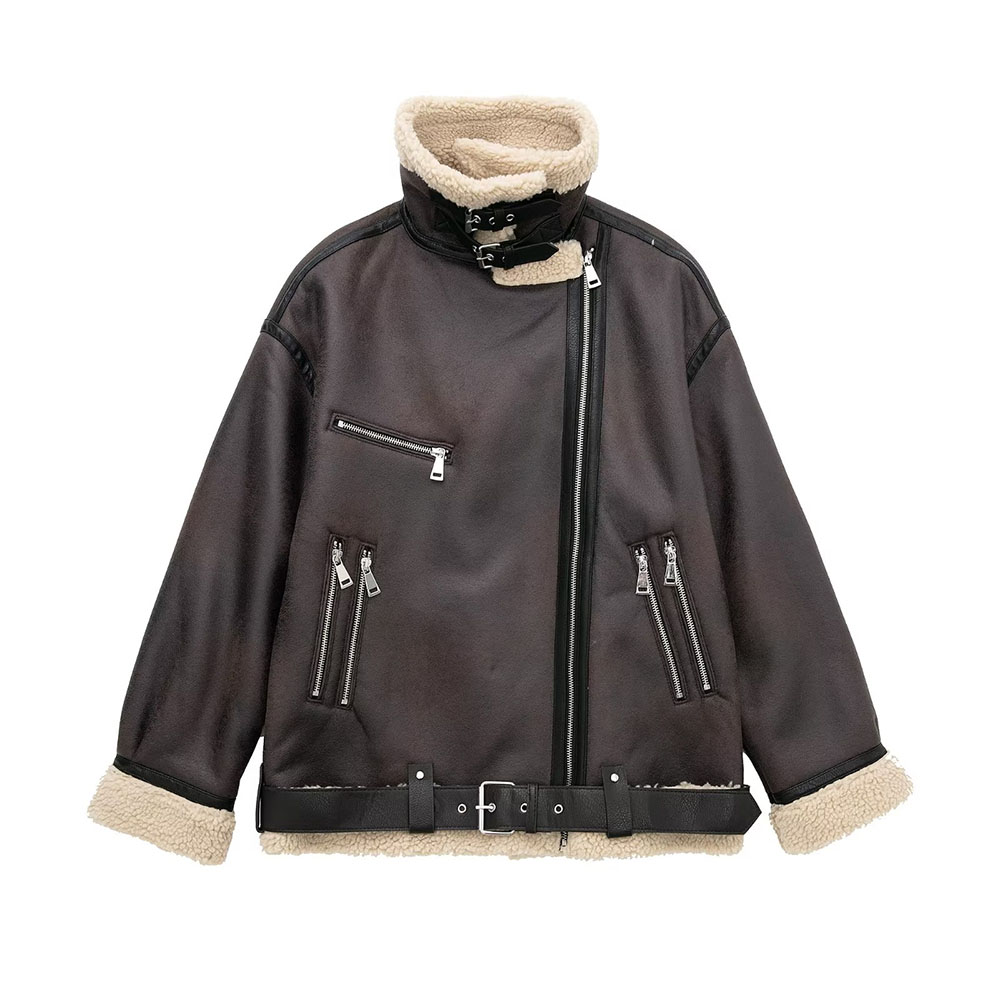 

Autumn and winter women's coat fur integrated new warm belt fleece lined double-sided long jacket, Brown
