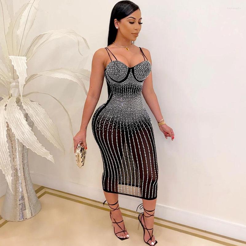 

Casual Dresses Sparkly Rhinestone Birthday Dress Women Mesh See Through Spagetti Straps Strapless Midi Bodycon Sexy Club Party, Black