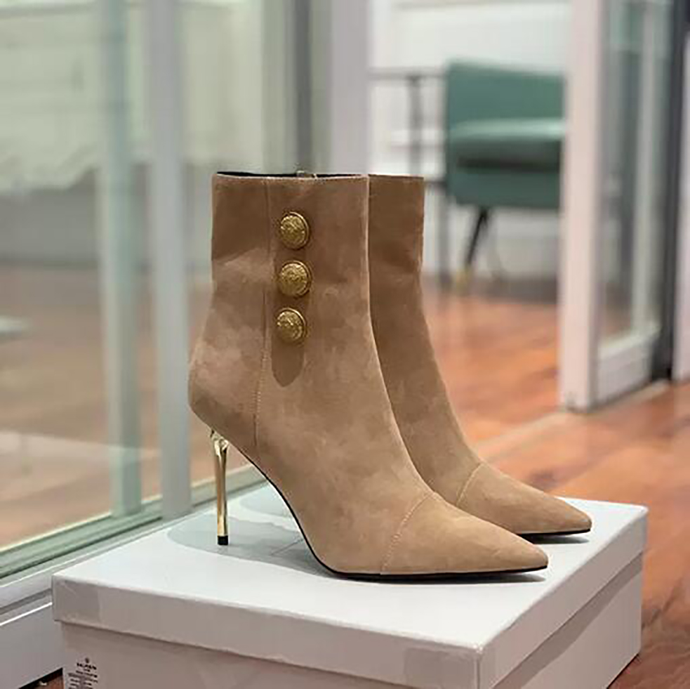 

Women Designer Ankle boots Cashmere leather Fashion Metal round buttons Fish mouth stiletto shoe heeled boot 35-42 Winter Women Shoes