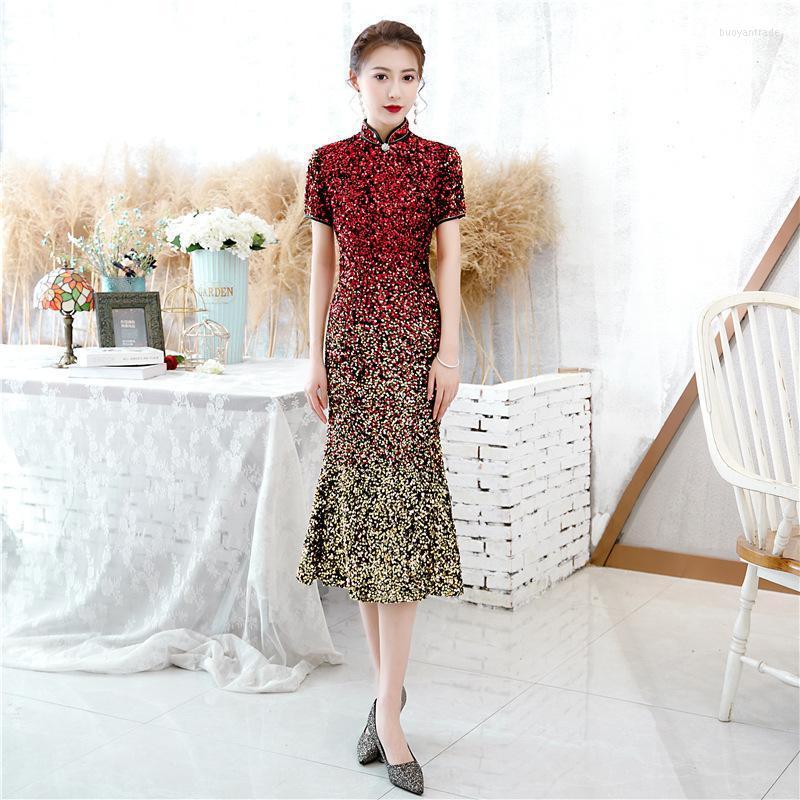 

Ethnic Clothing Plus Size 6xl Chinese Embroider Qipao Classic Women Velvet Sequins Cheongsam Oriental Bride Wedding Dress Evening Party Gown