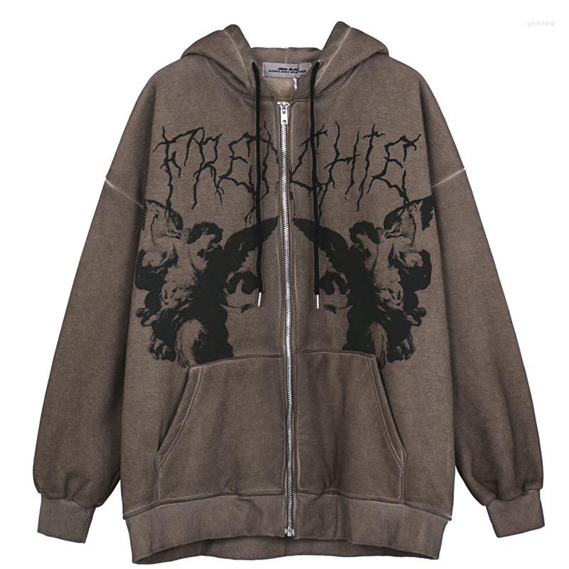 

Men's Jackets Men Grunge Hooded Jacket Hip Hop Streetwear Angel Dark Print Oversized Hoodie Coat Winter Warm Harajuku Fleece Zipper, Auburn