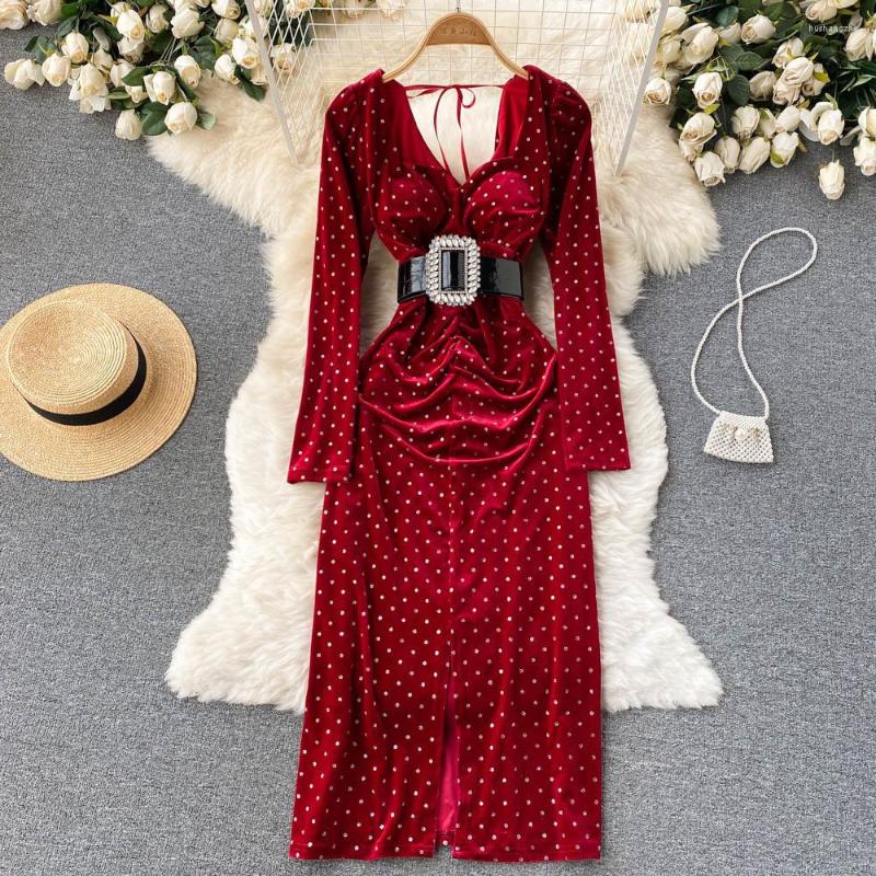 

Casual Dresses French Elegant Party Velvet Dress Women Fashion Square Collar Long Sleeve Polka Dot Front Slit Evening Club Midi With Belt, Black