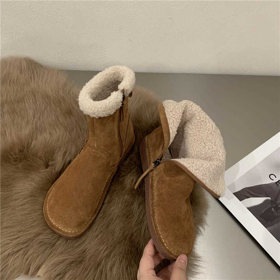 

Winter Ankle Boots Women Fashion Thin Feet Plus Velvet Thick Bottom Side Zipper Outdoor Leisure Versatile, Brown
