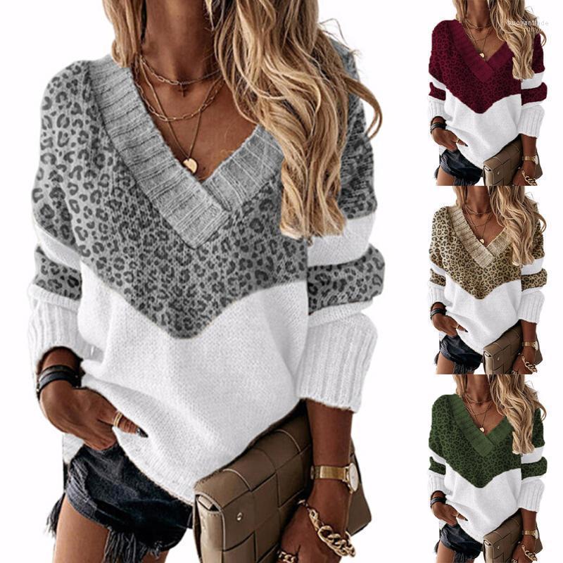 

Women's Sweaters Women's Leopard Patchwork Women Sweater Knit Wear Long Sleeve Winter Spring V Neck Fashion Casual Ladies Pullover, Khaki