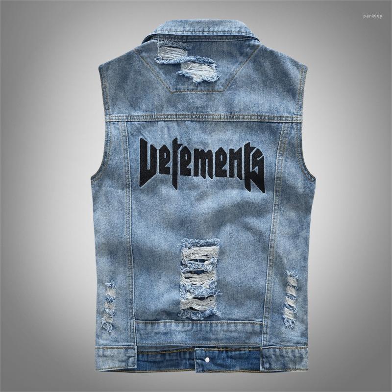 

Men's Vests Blue Denim Vest Men Distressed Solid Color Pockets Cowboy Ribbons Male Coats Jacket Fashion Vinatge Casual Tide Clothing -5XL