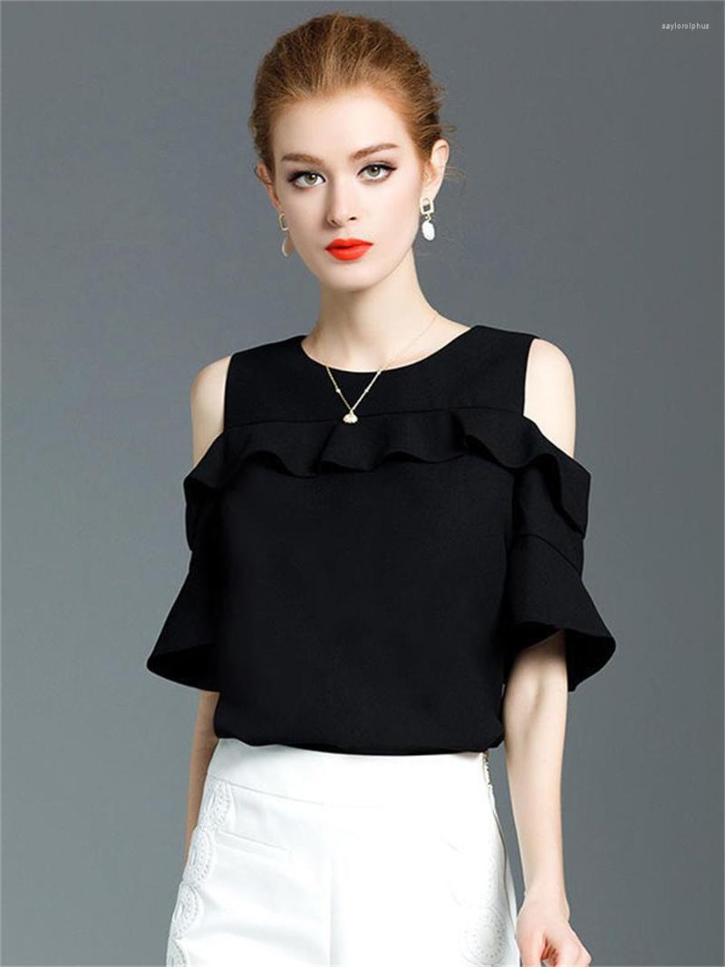 

Women' Blouses Off Shoulder Woman Summer Style Lace Tops Lady Casual Short Flare Sleeve O-Neck Chiffon Blusas SP1605, Black