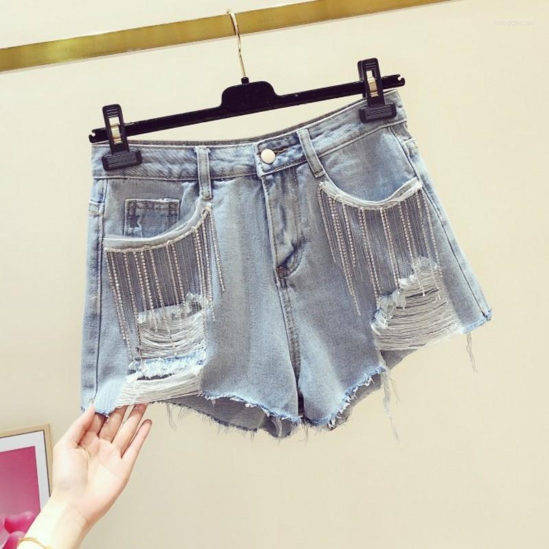

Women' Jeans Ripped Jean Shorts Woman 2022 Summer Wear Diamond Set Tassels Chain High Waist Denim Holes Pants Femme, Sky blue