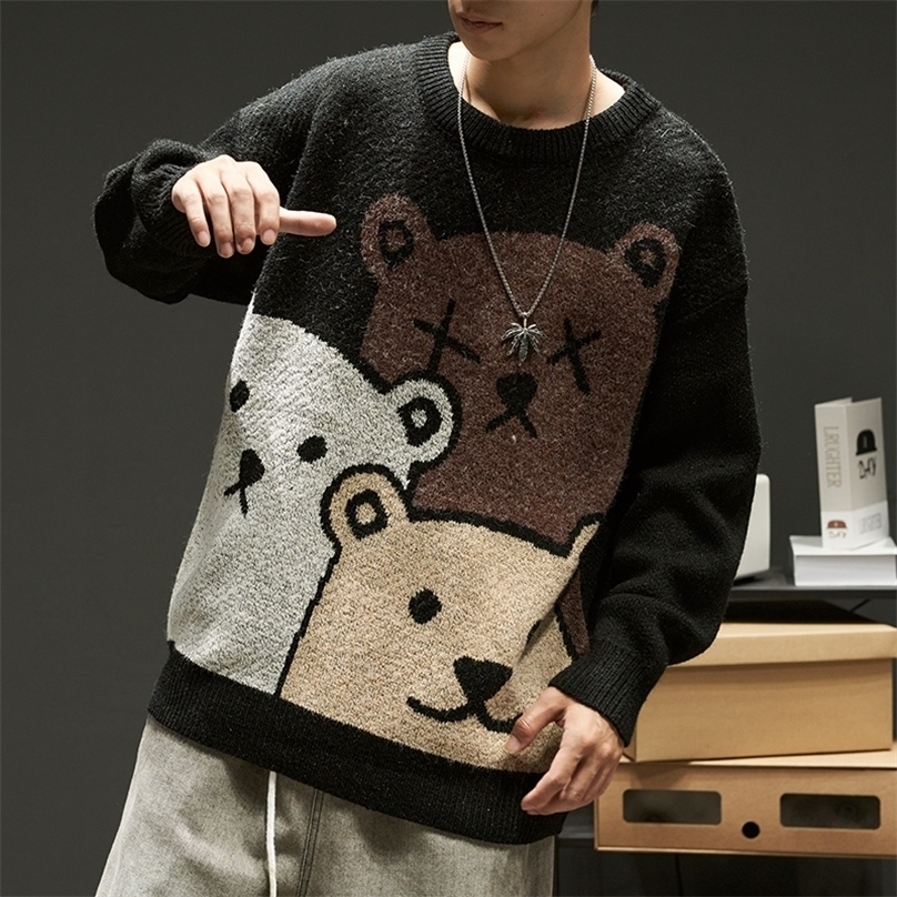 

Men's Sweaters Fashion Cartoon Bear Winter Women's Long sleeved Knitted Pullover Oversized Coat 221008, Black