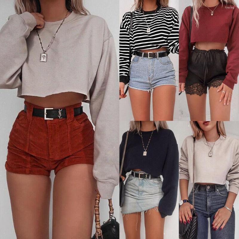 

Women' T Shirts Fashion Women Hoodies Striped/Solid Color Long Sleeve Round Neck Crop Loose Pullover Wild Top Spring/Autumn Up, Black