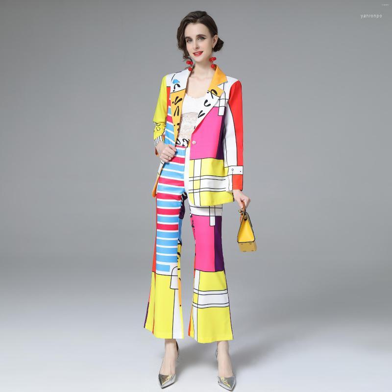 

Women's Two Piece Pants Women's European And American Style Fashion Autumn 2022 Retro Printed Suit Jacket High Waist Flared Sets Women, As shown