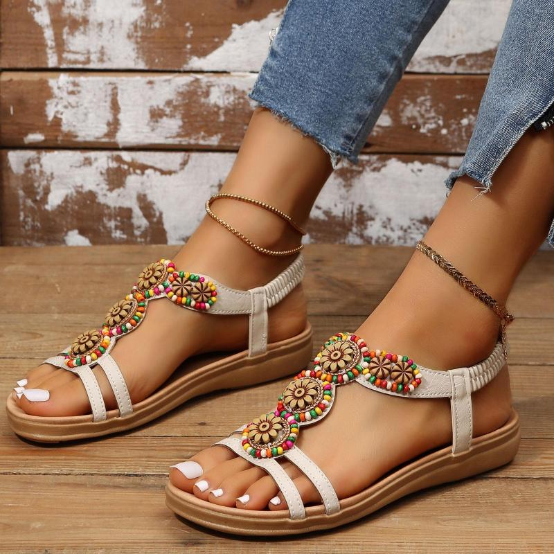 

Sandals Retro Women's Summer Non Slip Elastic Band Flat Beach Shoes Bohemian Style Flower Decor Open Toe Breathable, Beige