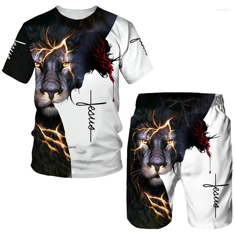 

Men's Tracksuits Summer Fashion 2 Piece Sets Tracksuit Men's Oversized Clothes Retro Beach Style 3D Printed Lion T Shirts Men Suit, 240