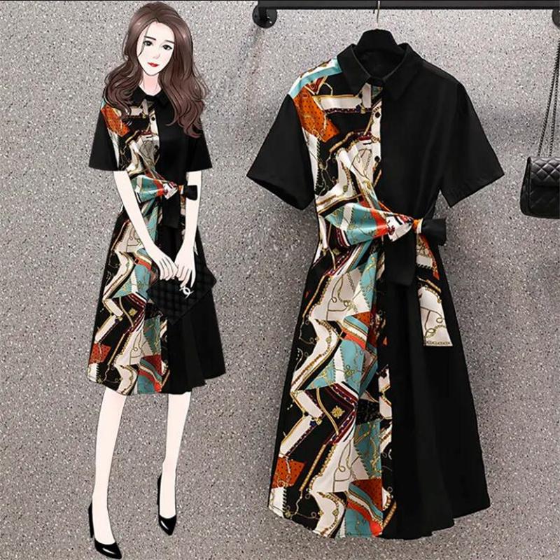 

Casual Dresses Short-sleeved Feminine Shirtdress Lapel Print Butterfly End Waist Thin Loose Chiffon Tops Elegant Women's Long Dress, Black