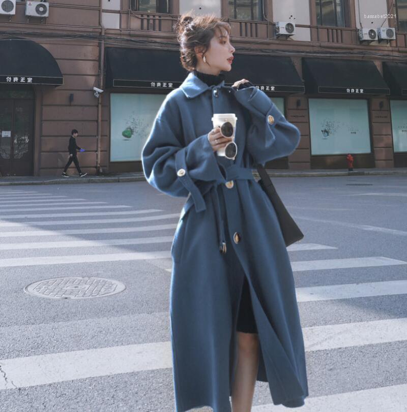 

Women' Wool Female Woolen Coat Over Knee Long Burgundy Autumn Winter Loose Thick Solid Women Overcoat Elegant Blend Robe Outdoor, As photo 3