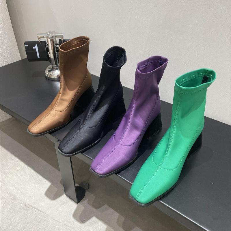 

Boots Fashion Women Ankle Square Toe Sock Booties Stretch Shoes Thick High Heels Slip On Elastic Dress Woman 39, Black