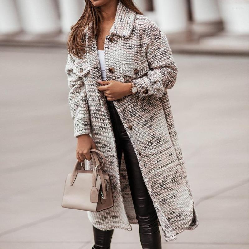 

Women' Wool 2022 Winter Checked Women Jacket Turn Down Overcoat Thin Plaid Long Coat Oversize Retro Female Streetwear Shirt, Gray
