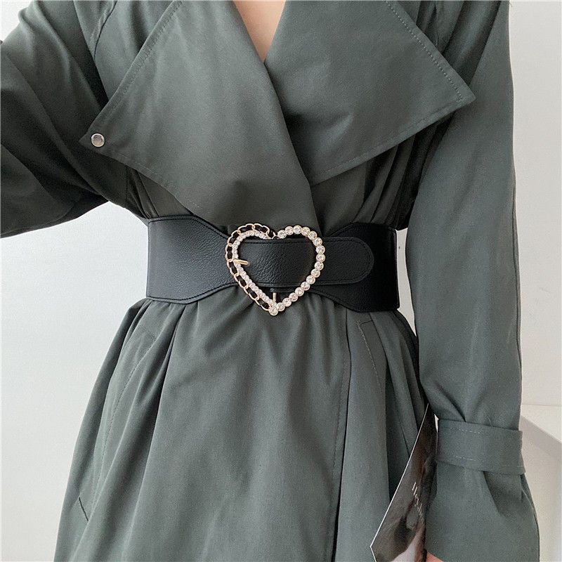

European and American diamond inlaid love belt for women black versatile fashionable suit coat windbreaker elastic waist seal wide belts decoration, As picture