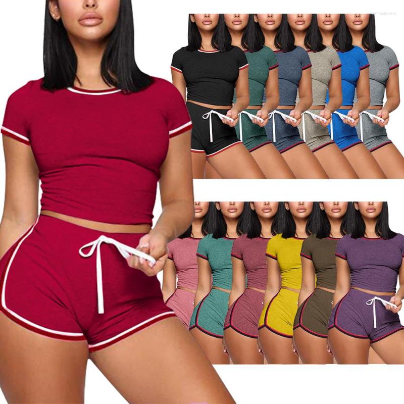 

Women' Tracksuits Women 2 Pcs Sports Short Suits Summer Round Neck Sleeve T-shirt Drawstring High Waist Pant Pajamas Tracksuit, Black